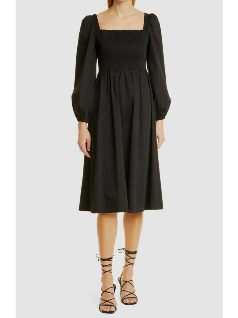 🆕 TOCCIN NY Smocked Cotton Long Sleeve Midi Dress Black Small